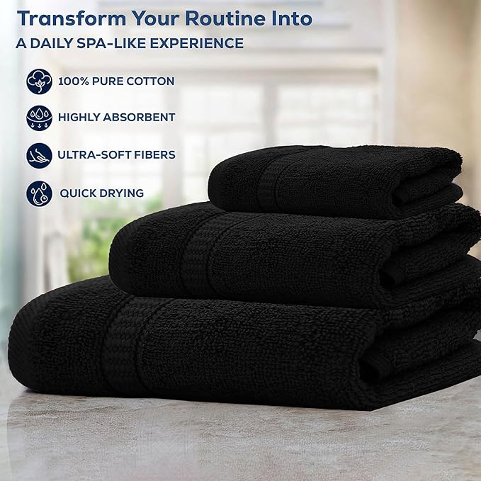 GOLD TEXTILES Premium Bath Towels Set (Pack of 4,27 x 54) 100% Ring-Spun Cotton Bathroom Towels for Hotel, Spa, Soft and Absorbent (27 x 54, Black - 4 Pcs)