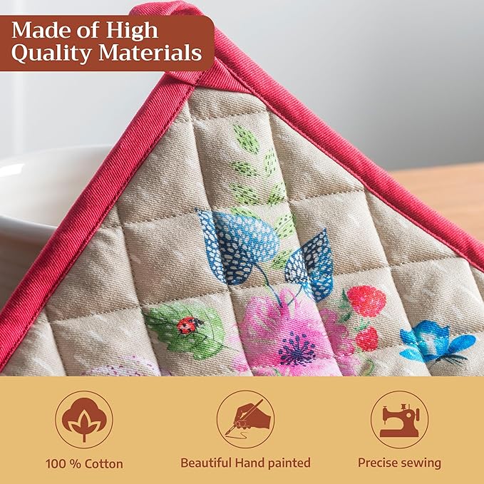 Maison d' Hermine Pot Holders 100% Cotton Heat Resistant Potholders 8" x 8" Hot Pads with Loop BBQ Baking Gifts for Mothers Day Handling Hot Pans Spring/Summer (Pack of 1, Jardin D'Ete - Fog)