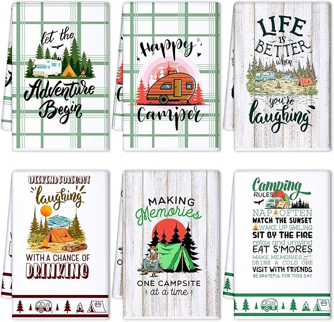 Oudain Set of 6 Camping Kitchen Towels Decor 24 x 16 Inches Happy Camper Dish Hand Tea Towels Kit Printed with Funny Sayings Novelty Gifts for Farmhouse Rv Home Accessories Decorations
