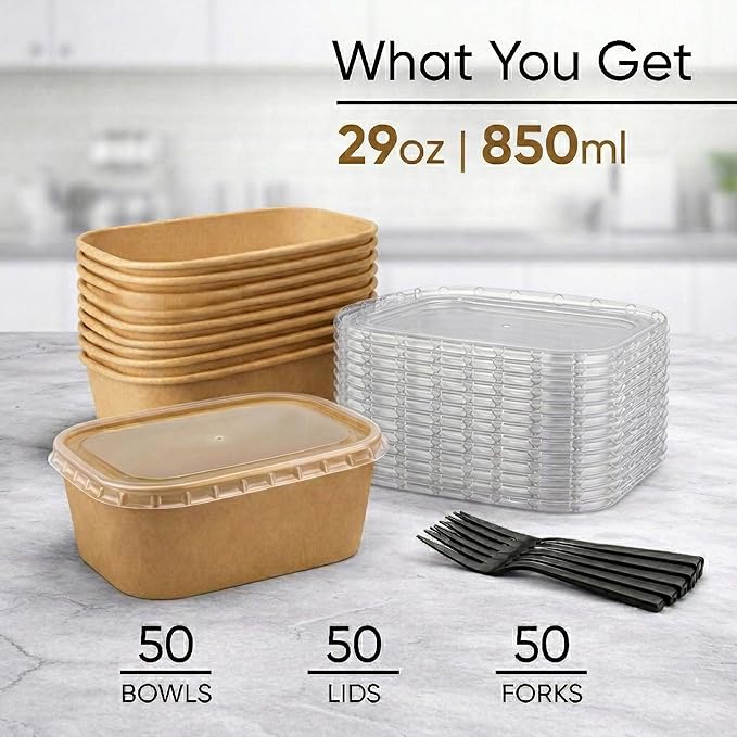 Leafiew 50 Pack 29Oz Disposable Meal Prep Containers With Lids - Microwave and Freezer Safe Kraft Paper Bowls with Lids and Forks - Disposable Food Containers - To Go Bowls for Food Prep and Salad