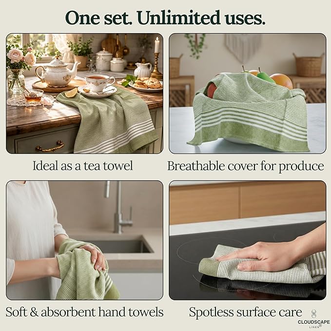 CLOUDSCAPE Kitchen Towels 12 Set 18”x28” Cotton Blended Hand Towels with Hanging Loop - Quick-Drying Dish Towels for Kitchen Set, Highly Absorbent, Dish Cloths Set for Washing Dishes - Sage Green