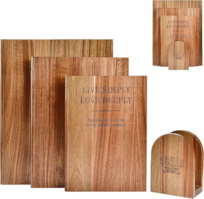Cutting Board Set of 3, Acacia Wood Chopping Board with Stand, Charcuterie Kitchen Boards with Book‑Style Design for Cheese, Meat and Vegetables