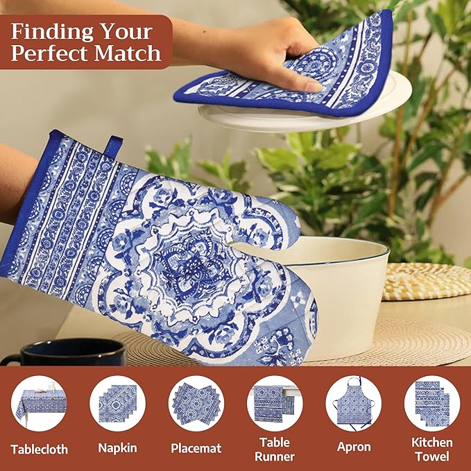 Maison d' Hermine Pot Holders 100% Cotton Heat Resistant Potholders 8" x 8" Hot Pads with Loop BBQ Cooking Baking Gifts for Mothers Day Handling Hot Pans Spring/Summer (Pack of 1, Melodie Bleue)