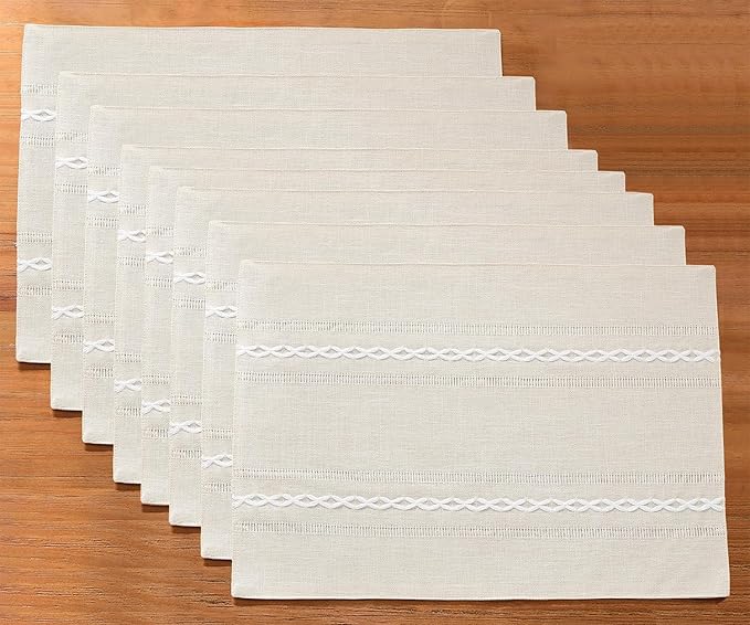 Wracra Cotton Linen Placemats, 12 x 18 Inch Set of 8 Placemats Rustic Hemstitch Place Mats for Kitchen Table and Heat Resistant-Hemstitch Ivory