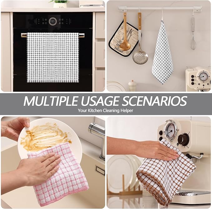 Homaxy Kitchen Towels and Dishcloths Set, 16 x 25 and 12 x 12 Inches, Set of 8 Cotton Terry Kitchen Dish Towels, Super Soft and Absorbent Dish Cloths, Black/Grey/Pink/Brown