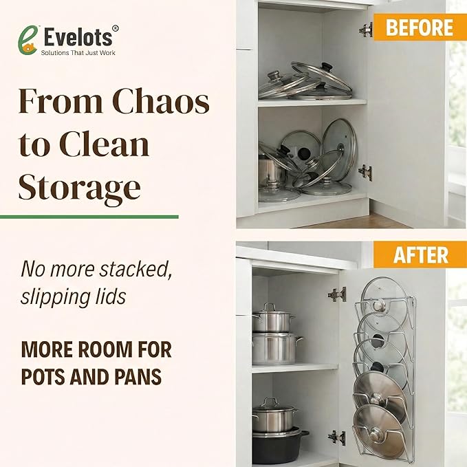 Evelots 6-Tier Pot Lid Organizer for Cabinet Door or Pantry Wall - Pots and Pans Lid Holder Rack - Glass or Metal Pan Covers Cabinet Organizer Kitchen Storage - Chrome Finished