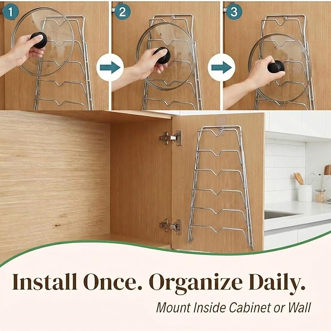 Evelots 6-Tier Pot Lid Organizer for Cabinet Door or Pantry Wall - Pots and Pans Lid Holder Rack - Glass or Metal Pan Covers Cabinet Organizer Kitchen Storage - Chrome Finished
