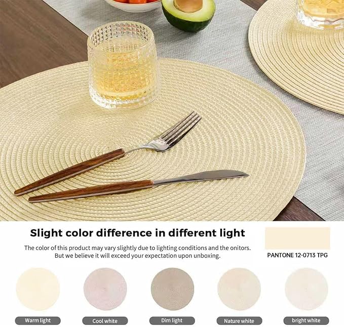 FunWheat Round Braided Placemats Set of 8 Place Mats for Dining Table Woven Washable Non-Slip Table Mats 15 Inch(Ivory,8pcs)