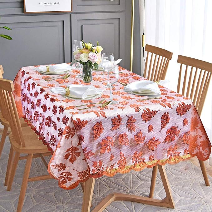 Thanksgiving Tablecloth Maples Leaves Brown Rectangle Lace Table Cover Thanksgiving Decorations Fall Table Linen Perfect for Harvest Festival Party Dinner Tables Toppers Everyday Use