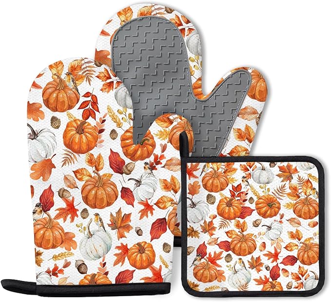 Thanksgiving Pumpkin Oven Mitts and Pot Holders, Fall Oven Mitts Sets of 3 for Cooking Lover Kitchen Decor, Pumpkins Heat Resistant Non-Slip Silicone Kitchen Glove Gifts for Mom Wife Sister BFF