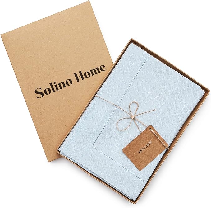 Solino Home Aqua Blue Linen Napkins Set of 4-100% Pure Linen Hemstitch Dinner Napkins 20 x 20 Inch for Spring, Summer, Mothers Day - Classic Hemstitch