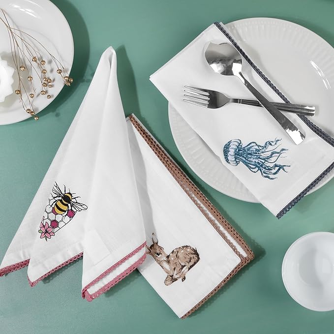 FINGERCRAFT Cloth Napkins, Set of 12 Cotton Linen Blend Printed Dinner Napkins Cloth Mitered Corner Perfect for Parties Dinners Weddings Cocktail Christmas Easter 20x20 Multi Animal Print