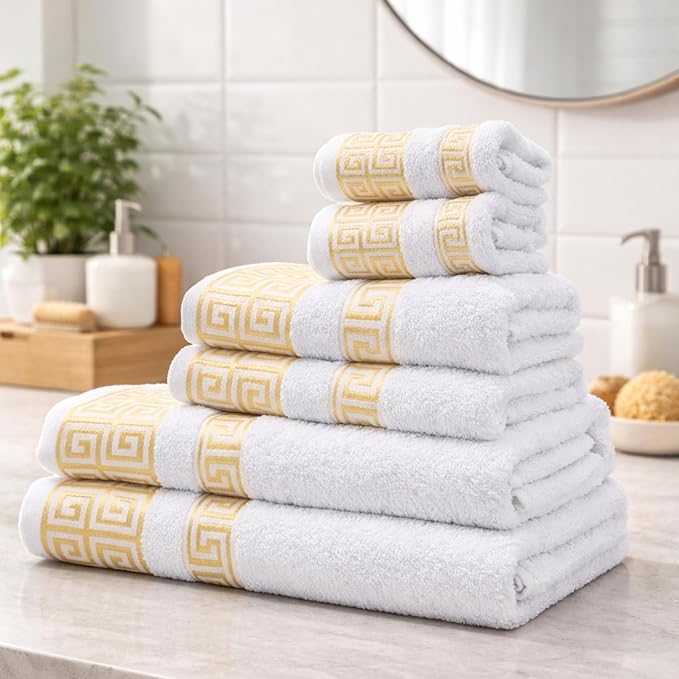 Premium Soft Cotton 6 Piece Towel Set with Greek Key Design – 2 Bath Towels 2 Hand Towels 2 Washcloths, Ultra Absorbent & Quick Dry Bathroom Towels, Turkish Towels for Bathroom, White Towel Sets G02