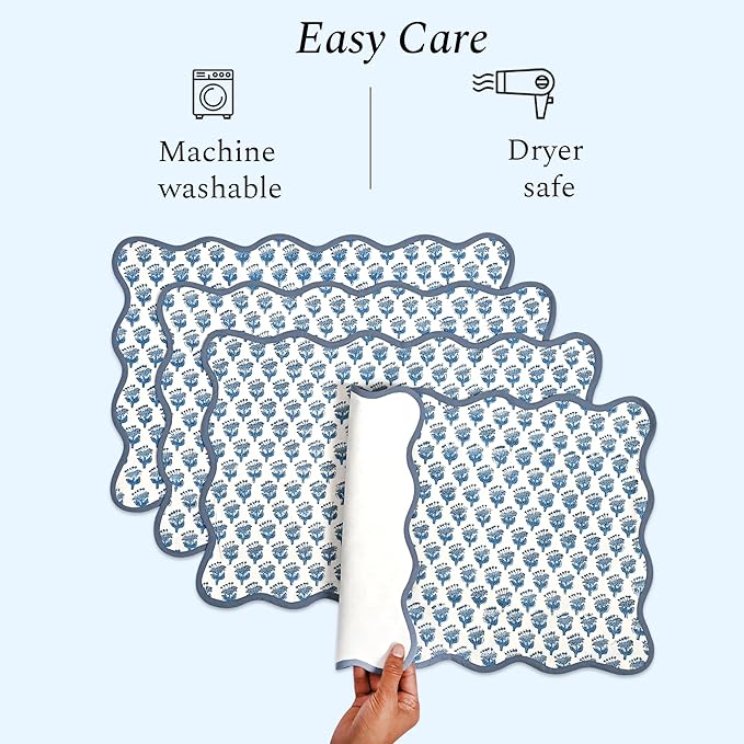 CPC Cotton Placemats Apatite Blue Set of 4-Hand Block Printed Reversible Placemats, Flower Scalloped & Embroidered Cloth Table Mats - 14 x 20 inch Gift for Spring, Mother's Day
