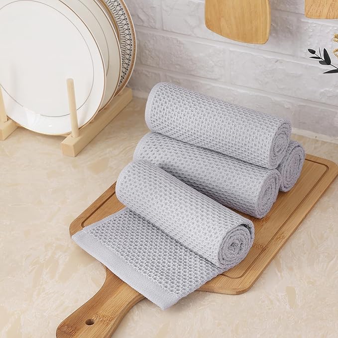 Homaxy 100% Cotton Waffle Weave Kitchen Towels, 13 x 28 Inches Super Absorbent and Machine Washable Dish Towels for Drying Dishes, 8-Packs, Light Grey