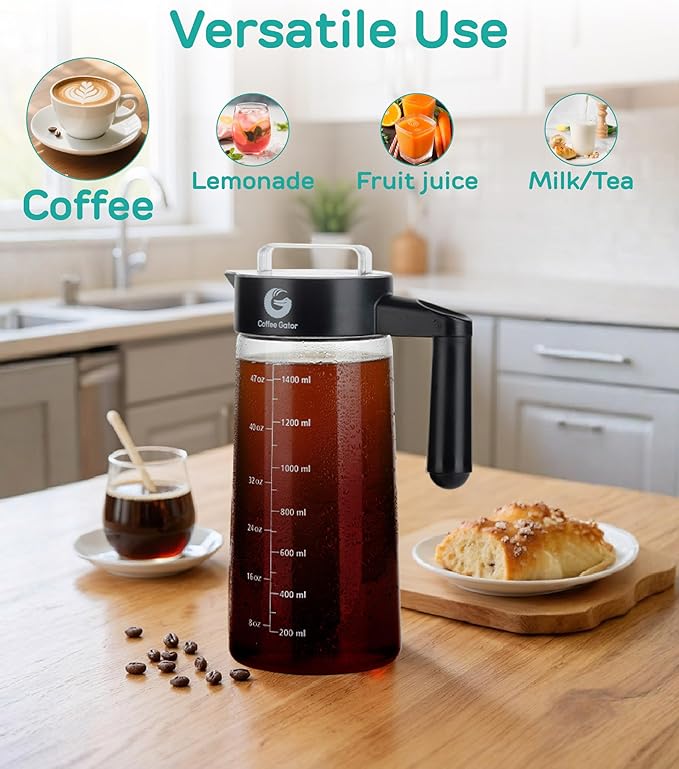 Coffee Gator Cold Brew Coffee Maker - 47 oz Iced Tea and Iced Coffee Maker and Pitcher with Borosilicate Glass Carafe, Filter - Black