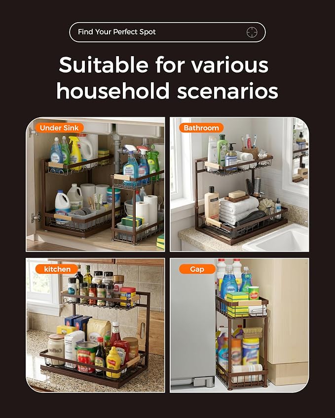 Sevenblue 3 Pack Under Sink Organizer, Multi-Purpose 2 Tier Pull-Out Metal Under Kitchen Sink Organizer, Height Adjustable Storage Shelves for Kitchen Bathroom Cabinet (Brown)