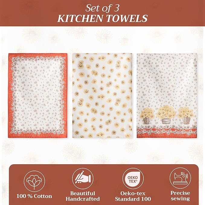 Maison d' Hermine Kitchen Towels Set of 3 100% Cotton 20" x 27.5" Reusable Cloth Tea Dish Towels Absorbent with Hanging Loop for Kitchen Dining Thanksgiving Christmas Decorations (Bagatelle)