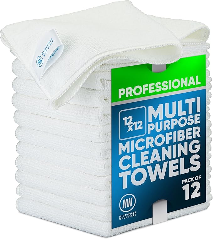 MW PRO Microfiber Cleaning Cloths White (12 Pack, 12x12) - Commercial Janitorial Towels & Lint Free Rags - Heavy Duty for Auto Detailing, Glass Windows, Housekeeping & Screens - Washable 300+ Times