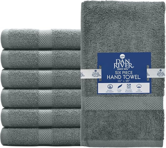 DAN RIVER 6-Pack Premium Hand Towels (16x28 Inches) - 100% Cotton, Ultra Soft, Lightweight, Highly Absorbent Towels for Bathroom, Spa, Gym, Salon, Hotel, and Travel – Gray