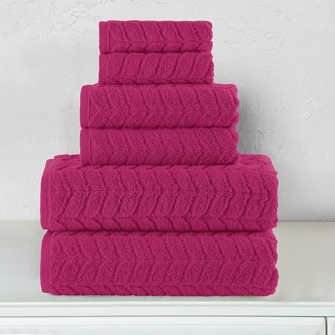 Elegant Comfort Luxury 6-Piece 100% Turkish Cotton Jacquard Braided Textured Premium Hotel Quality Towel Set– Soft and Absorbent, Includes 2 Bath Towels, 2 Hand Towels and 2 Washcloths, Hot Pink
