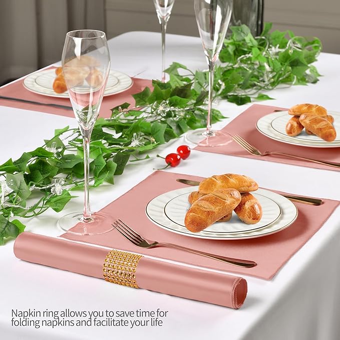 100 Pack Rose Gold Satin Napkins and Napkin Rings Set, 12 x 12 Inch Silky Soft Cloth Napkins Set of 50, Square Satin Dinner Table Napkins Bulk for Wedding Banquet Graduation Party Decoration