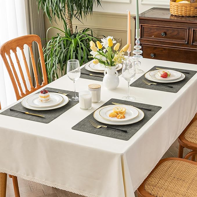 Romanstile Vinyl Placemats Set of 6-12 X 17 Inch - Faux Leather 100% Waterproof Oil-Proof Wipeable Place Mats, Heat Resistant Reversible PU Table Mats for Kitchen Dining Party Outdoor, Charcoal