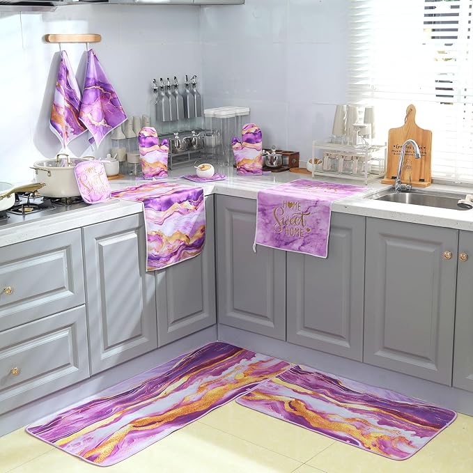 Fourluoo 10 Pcs Kitchen Dish Towels Rugs Oven Mitts and Pot Holders Kit Farmhouse Kitchen Decor Set Gloves Vintage Potholders for Baking Cooking Chef(Purple,Modern)