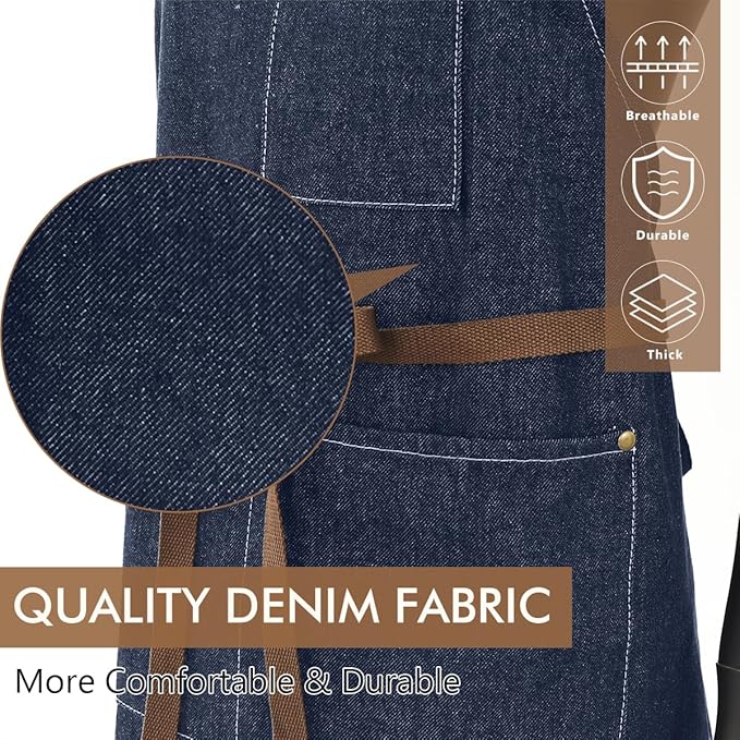 ROTANET Denim Work Apron with 3 Pockets Jean Shop Aprons for Chef Hairstylist Kitchen Woodworking for Men Women Blue Black