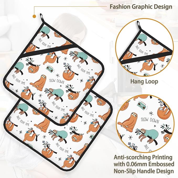 Funny Sloth Pot Holder Set of 2,Heat Resistant Potholders Oven Hot Pads for Kitchen Cooking Baking BBQ
