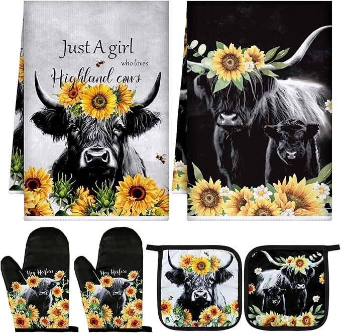 Leinuosen 6 Sunflower Cow Kitchen Towels Kitchen Decor and Accessories Set Floral Plant Oven Mitts and Pot Holders Sets Farmhouse Absorbent Dish Towels for Cooking Baking Grilling