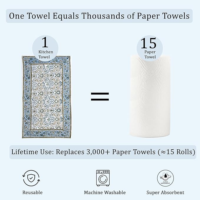 Ridhi Indigo Blue Hand Block Print Waffle Kitchen Towel Set of 3-16 x28 Ultra Absorbent Quick Dry 100% Cotton Dish Towels Lightweight Reusable Sustainable Tea Towels for Cleaning and Drying