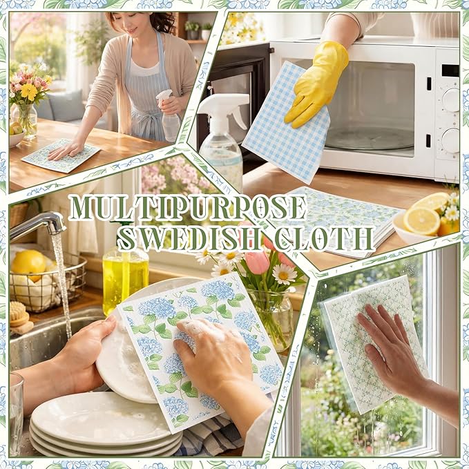 Tegeme 8 Pcs Blue Hydrangea Swedish Themed Dishcloth Spring Summer Watercolor Hydrangea Floral Kitchen Dish Towel Absorbent Cotton Reusable Towel for Home Party Housewarming Counter Wipe, 6.8 x 7.7''