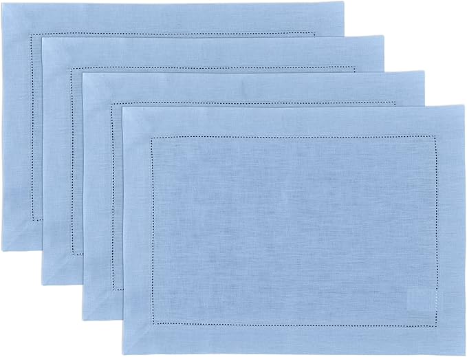 Solino Home Linen Cloth Placemats Set of 4-100% Pure Linen Hemstitch Cornflower Blue Placemats 14 x 19 Inch - Classic Hemstitch Table Place Mats for Spring, Summer, Mothers Day