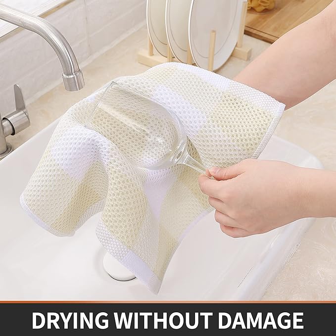 Homaxy 100% Cotton Waffle Weave Check Plaid Dish Cloths, 12 x 12 Inches, Super Soft and Absorbent Dish Towels Quick Drying Dish Rags, 6-Pack, White & Beige