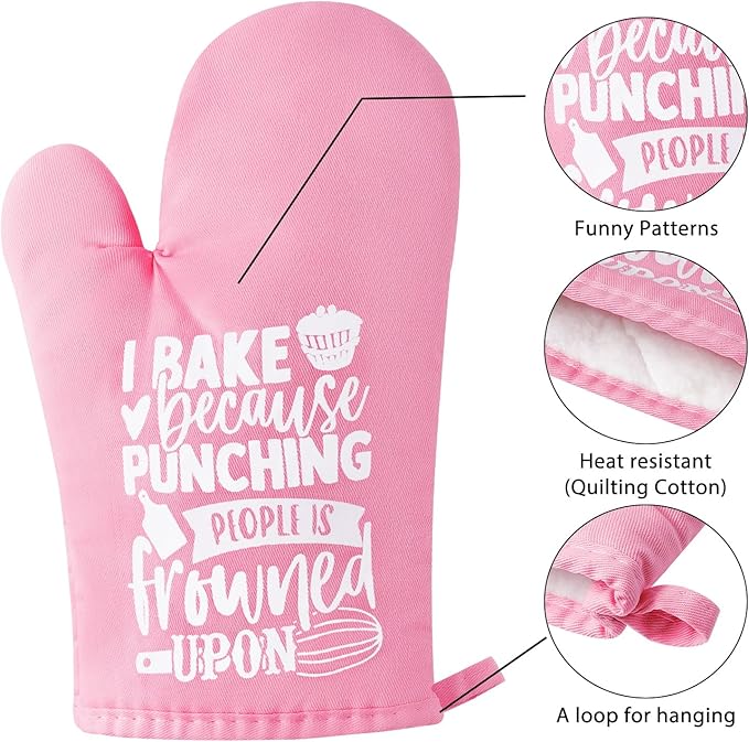 GROBRO7 6Pcs Cotton Oven Mitts Pot Holders Funny Women Resistant Hot Pads Machine Washable Microwave Gloves with Hanging Loop Pocket Potholder for Kitchen Baking Cooking GrillingPink
