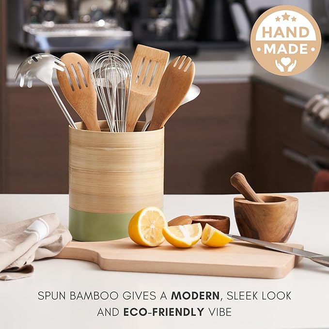 Handcrafted Bamboo Kitchen Utensil Organizer for Countertop, Modern Large Utensil Holder