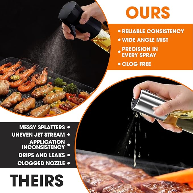 Cheer Collection Glass Oil Sprayer Set of 2 –300ml Olive Oil Sprayer Bottles for Cooking, Refillable Oil Mister & Dispenser, Black Olive Oil Spray Bottle for Food Prep
