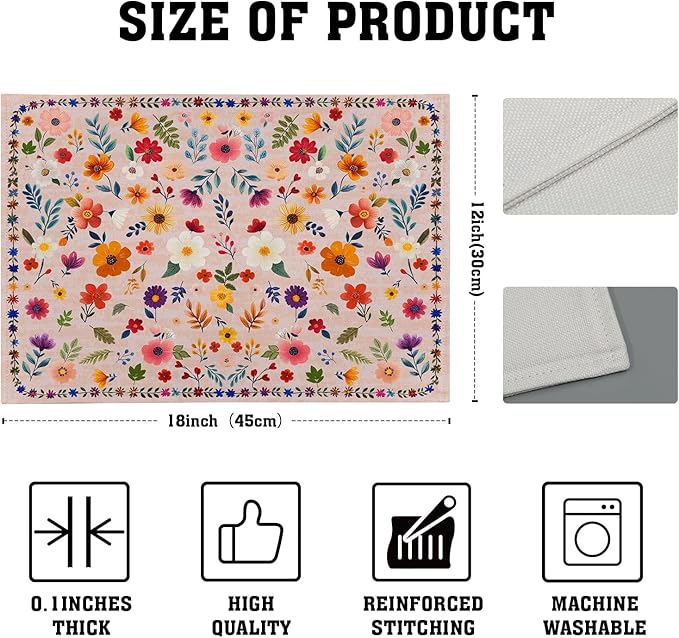 Pink Flowers Linen Placemats Set Spring Floral Table Mat for Women Kitchen Dining Decoration