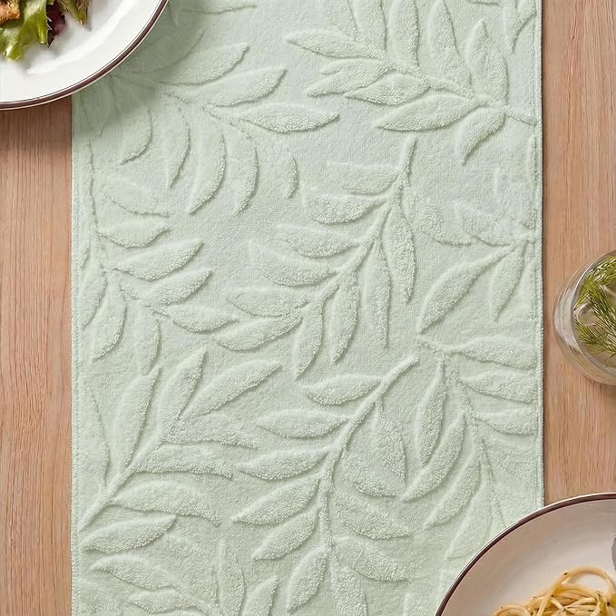 Artoid Mode Sage Green Soft Cotton Jacquard Leaves Spring Table Runner, Holiday Kitchen Dining Table Decoration for Home Party Decor 13x72 Inch