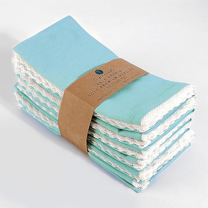 FINGERCRAFT Dinner Cloth Napkin Cotton Linen Blend 4 Pack Mitered Corners with Elegant Lace for Everyday Use Napkins are Pre Shrunk and Good Absorbency Sky Blue Easter Color