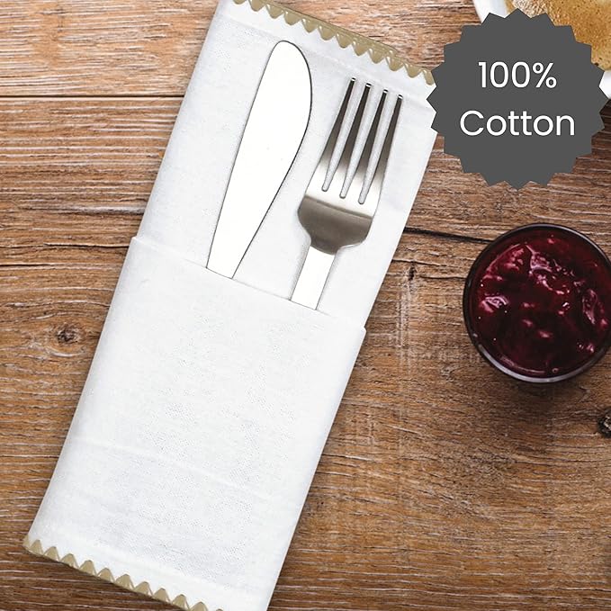 Cotton Clinic Cloth Napkins with Trim - Everyday Use Table Dinner Napkins - Soft Durable Washable - Ideal for Dinner Party Wedding Christmas Easter - Set of 12-20x20 inches Beige White Napkins
