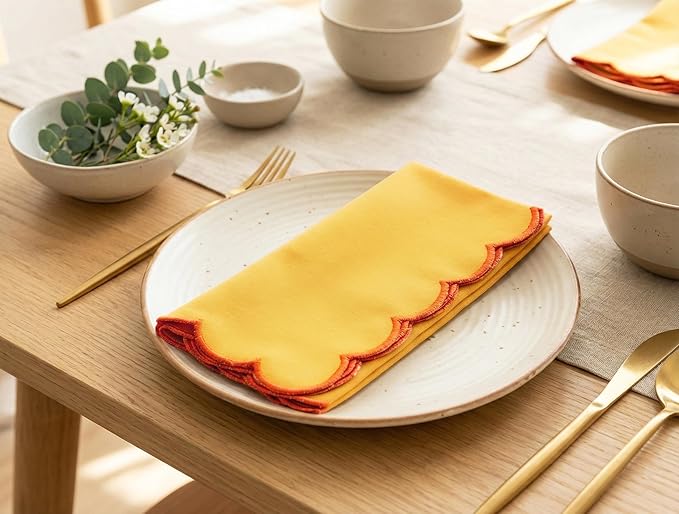 PurpleEssences Scalloped Embroidery Cloth Napkins - Spring Easter Summer - Table Decor - 100% Cotton - Set of 4-18x18 inch - Golden Yellow - Edges - Orange