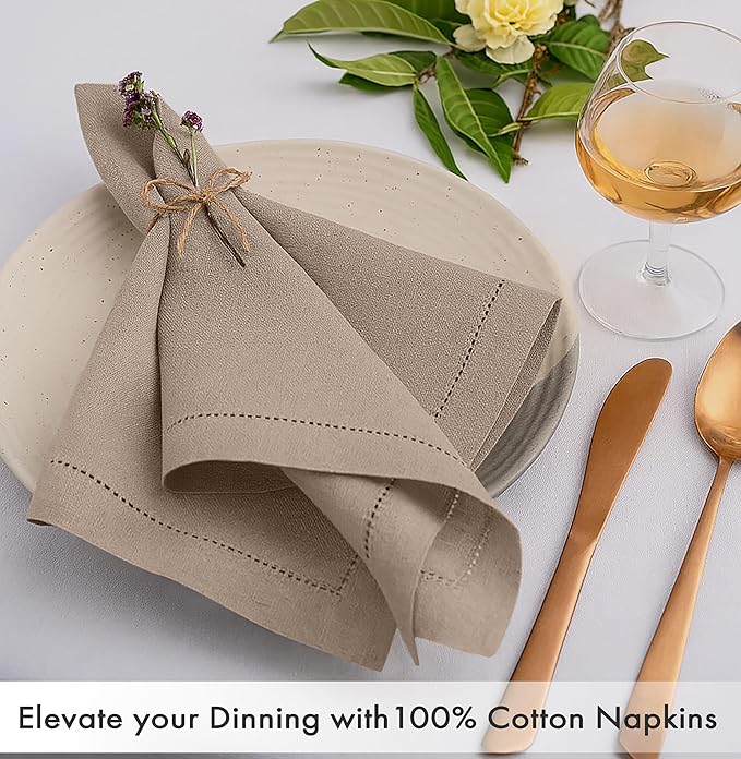 Ruvanti Cloth Napkins Set of 12, 100% Cotton High GSM 18x18 Inches, Hem Stitched Corners, Soft, Washable, Highly Durable & Absorbent, Perfect for Parties, Christmas, Thanksgiving Dinners – Light Taupe