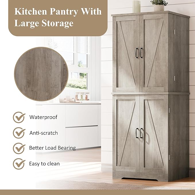 Vongrasig Kitchen Pantry Storage Cabinet with Barn Doors, Drawer and Adjustable Shelves, 6-Tier Tall Rustic Wood Cupboard Locker for Kitchen, Dining Room, Living Room, Bathroom, Rustic Grey
