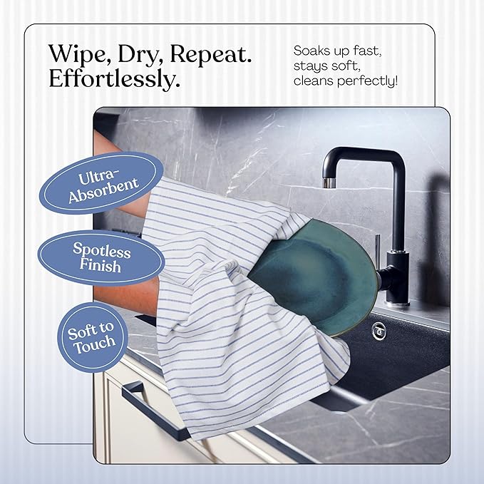 Indigo Blue Stripe Kitchen Towels, 12 Pack, 100% Cotton, Super Absorbent and Quick Dry, Classic Striped Towel Set, Durable Dish Cloths for Kitchen Use, Cleaning & Drying Dishes