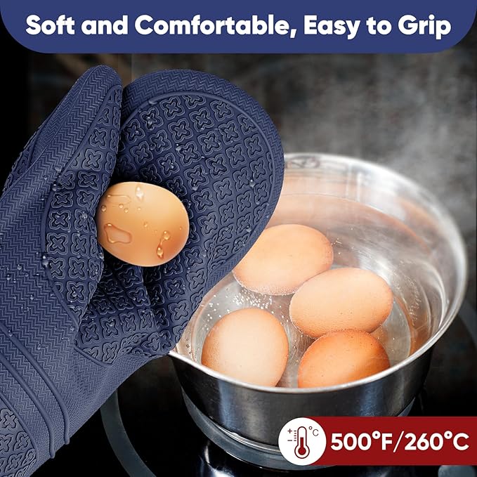 Silicone Oven Mitts, Heat Resistant Oven Gloves with Quilted Liner, Waterproof & Non-Slip Kitchen Mittens for Baking Cooking BBQ, 500°F, 12.5"-Ink Blue