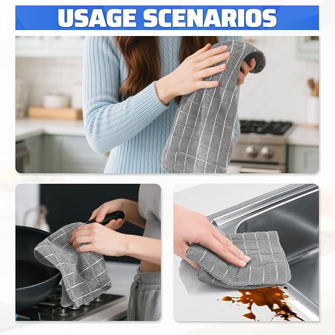 Kitchen Towels, 8 Pack Microfiber Cleaning Cloth, 25'' x 15'' Dish Towels, 270 GSM Checkered All-Purpose Reusable Lint Free & Absorbent Hand Towels for Kitchen Home Tea Bar Shop