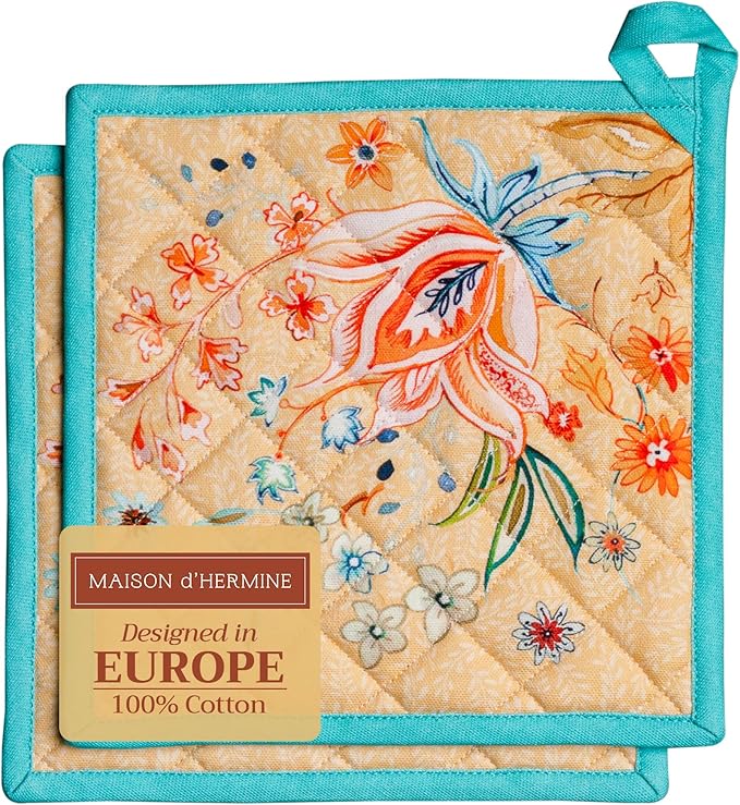 Maison d' Hermine Pot Holders 100% Cotton Heat Resistant Potholders 8" x 8" Hot Pads with Loop Cooking Baking Gifts for Mothers Day Handling Hot Pans Spring/Summer(Pack of 2, Luxury Loft - Peach)