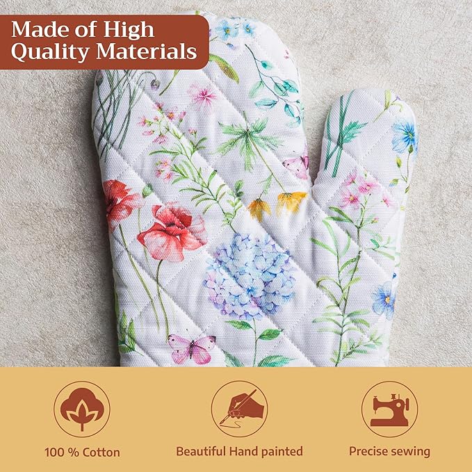 Maison d'Hermine Oven Gloves 100% Cotton Oven Mitt 7" x 13" with Loop Heat Resistant BBQ Cooking Gloves Baking Grilling Gifts for Mothers Day Spring/Summer (Pack of 1, Just Floral)